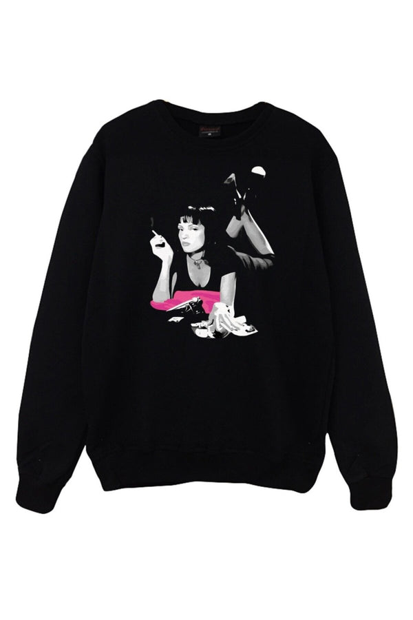 Stoned Pulp Fiction Baskılı Unisex %100 Pamuk Kapüşonlu Sweatshirt – Siyah