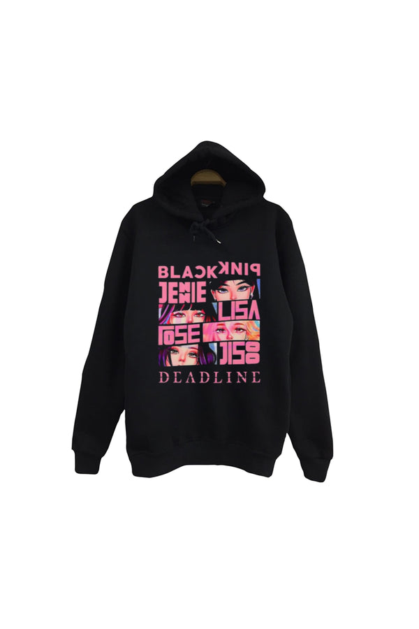 Blackpink -Lisa-Jennie-Jisoo-Rose-Deadline Baskılı Unisex %100 Pamuk Kapüşonlu Sweatshirt – Siyah