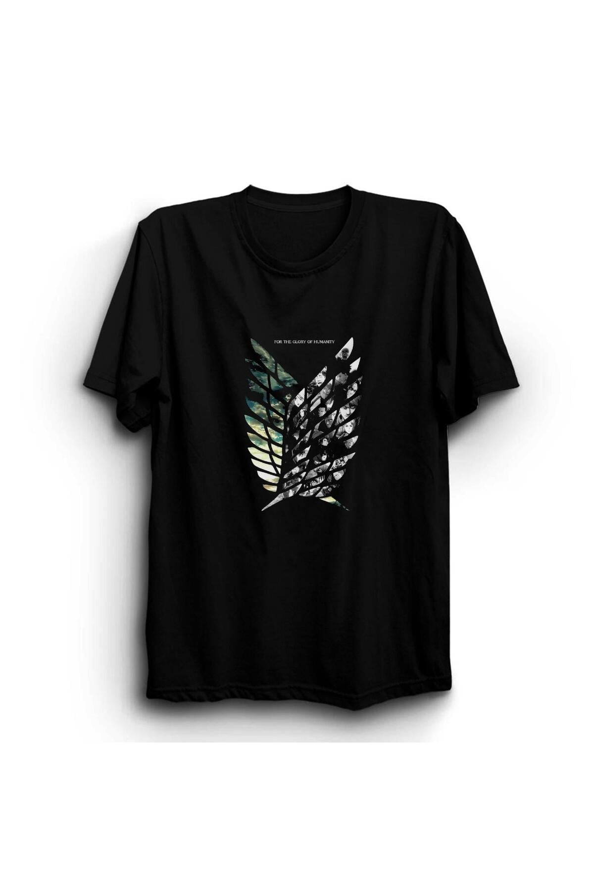 Unisex Siyah Attack On Titan Anime Baskılı Tshirt