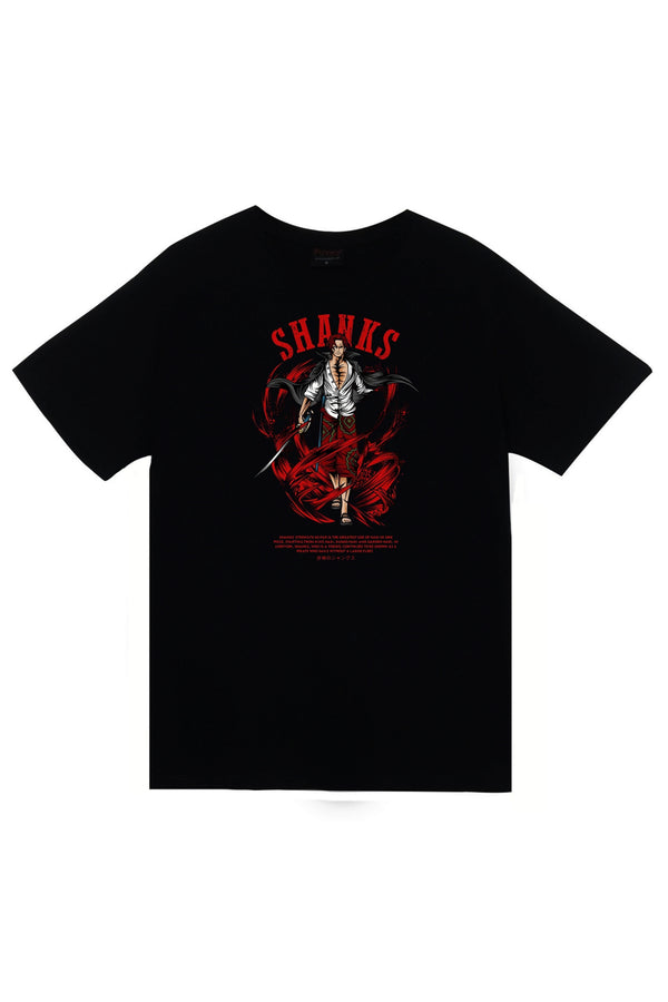 One Piece Shanks - Anime Baskılı Unisex %100 Pamuk Tişört – Siyah