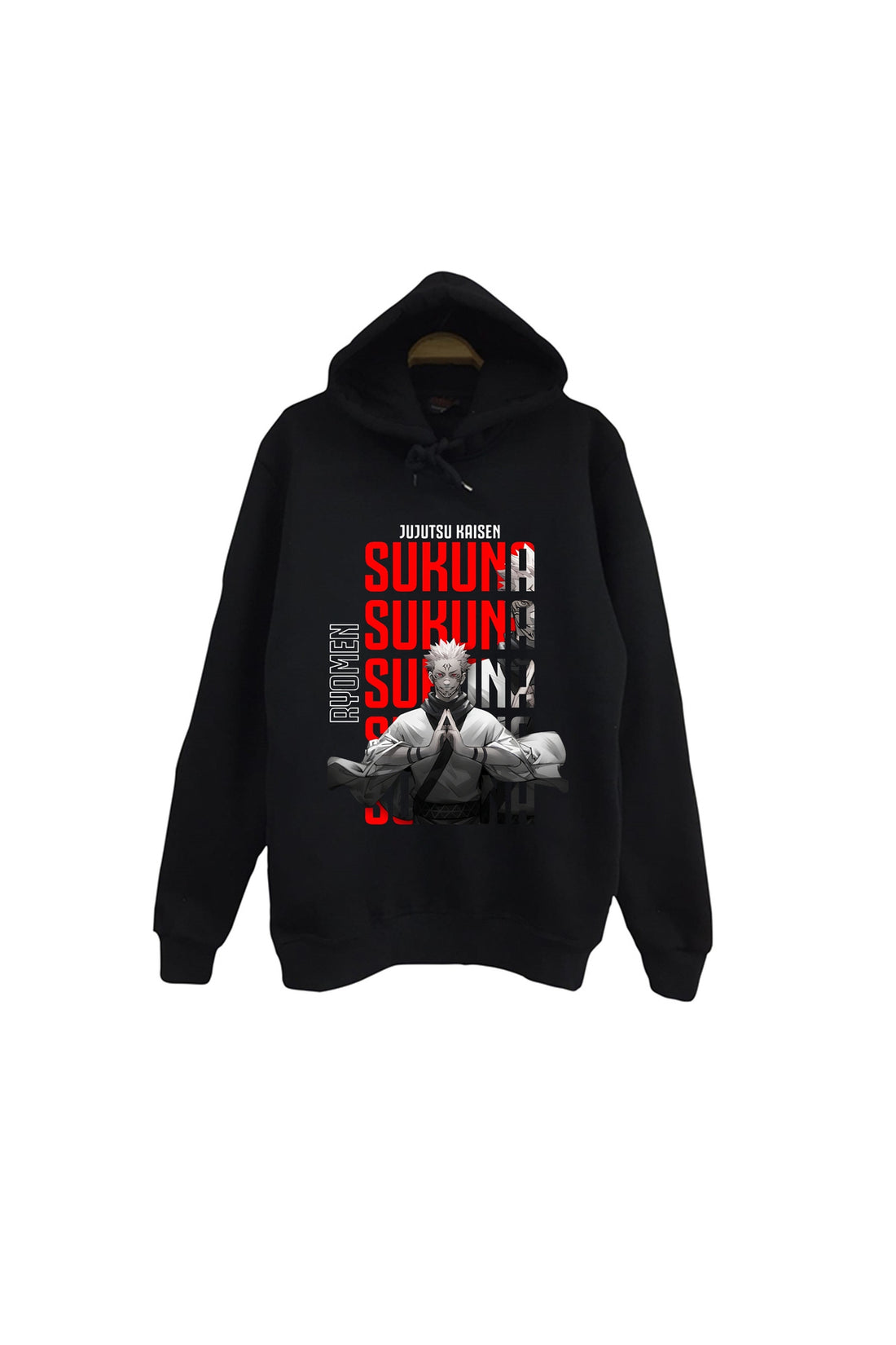Jujutsu Kaisen - Sukuna karakteri baskılı siyah kapüşonlu sweatshirt