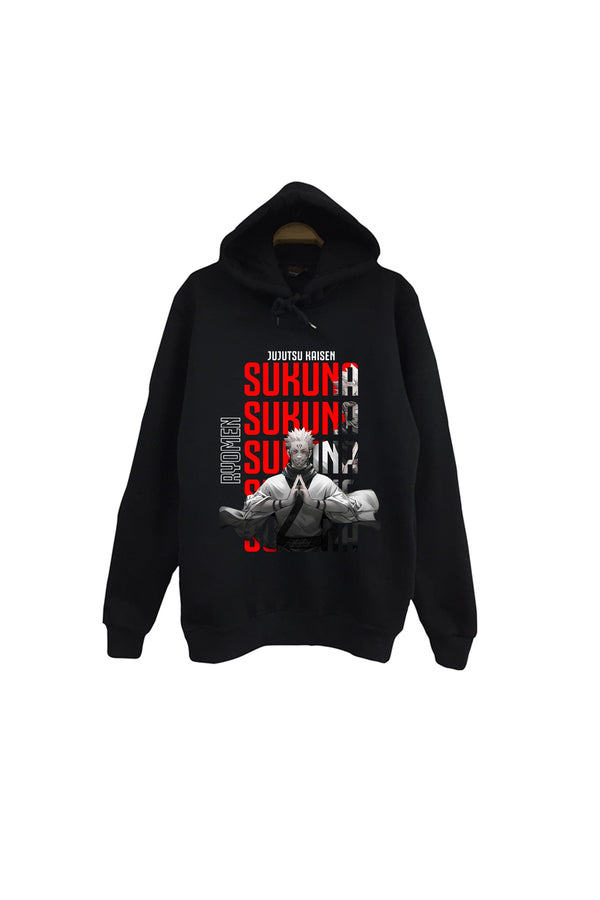 Jujutsu Kaisen - Sukuna karakteri baskılı siyah kapüşonlu sweatshirt