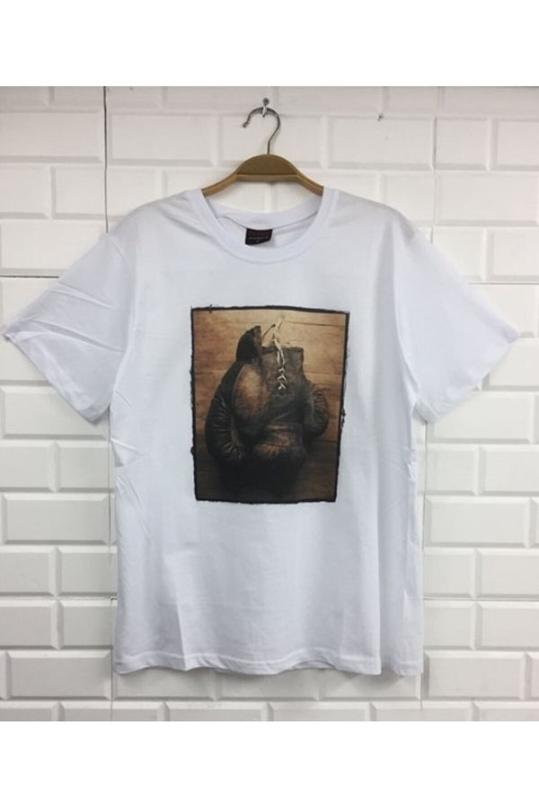 Unisex Beyaz Boks Eldiveni Cerceveli portre baskılı beyaz tişört