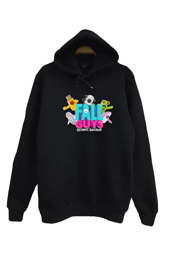 Fall Guys Oyun Logosu ve karakter grubu baskılı siyah kapüşonlu sweatshirt