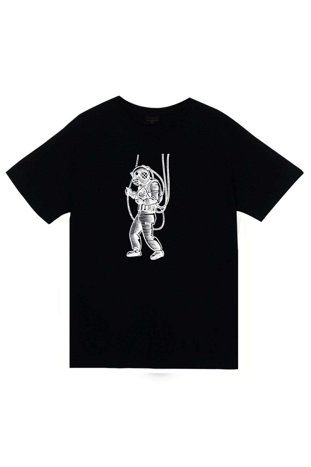 Astronot Baskılı Unisex %100 Pamuk Siyah T-shirt