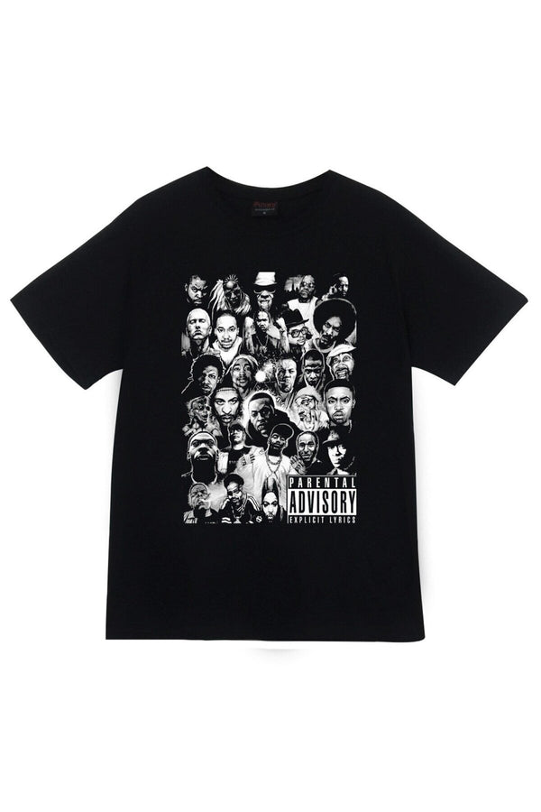 Hip Hop Songs Parental Advisory Rap sanatcilari kolaj baskılı siyah tişört