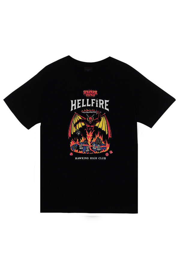 Stranger Things - Hellfire Club - Hawkins School Baskılı Unisex %100 Pamuk Tişört – Siyah