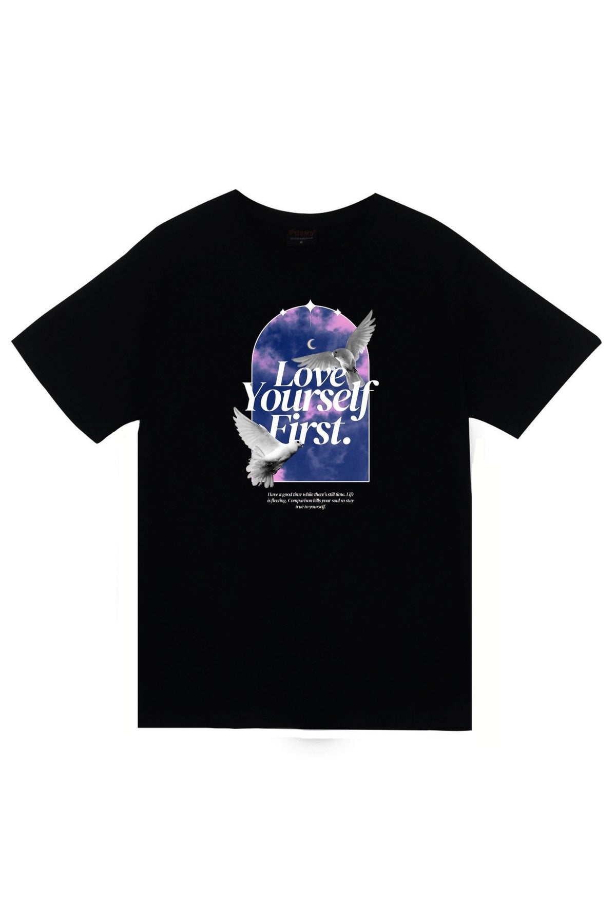Love Yourself First - Kuş - Gökyüzü - Ay Baskılı Unisex %100 Pamuk Siyah T-shirt