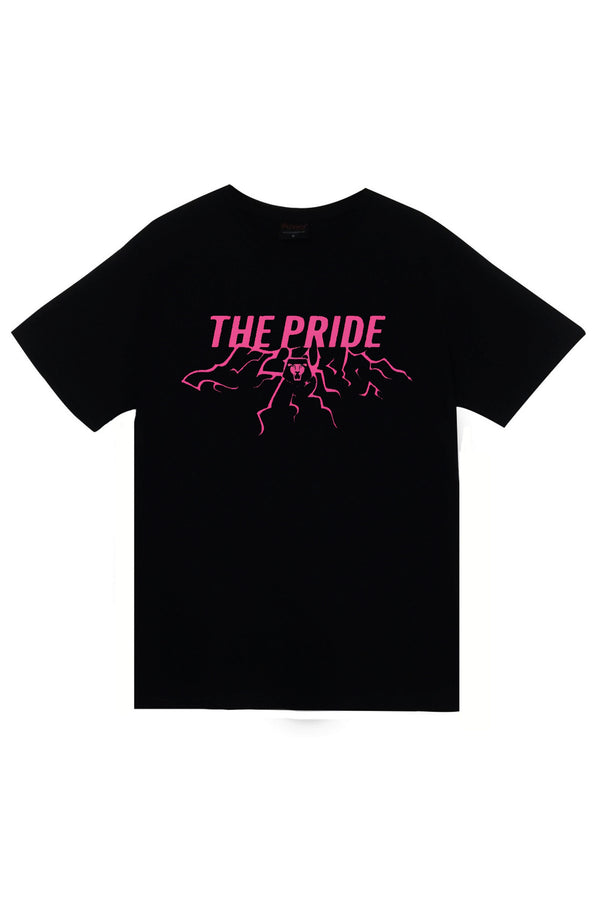 K-Pop Demon Hunters & Saja Boys The Pride Pembe şimşek baskılı siyah tişört