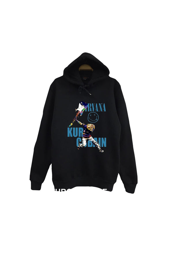 Nirvana - Kurt Cobain çizimi baskılı siyah kapüşonlu sweatshirt