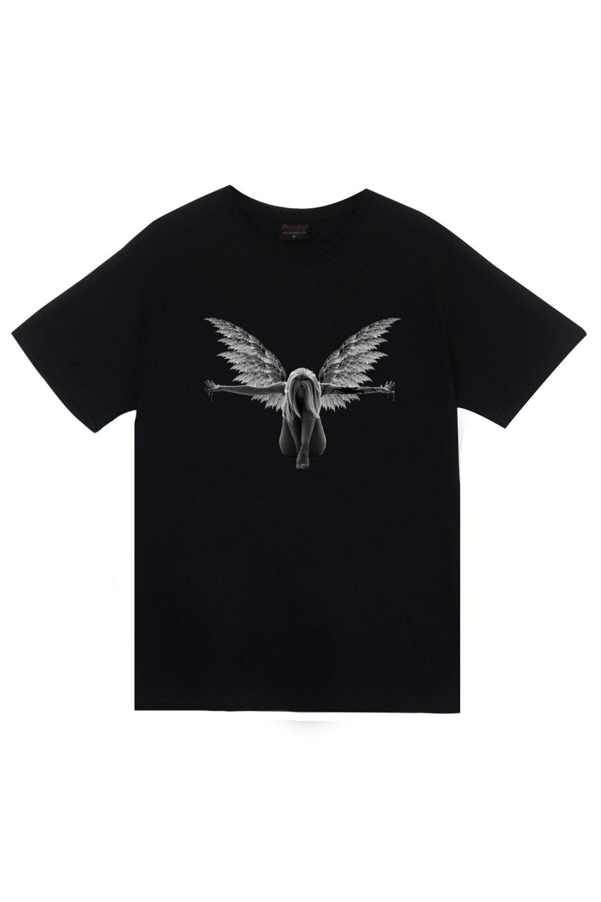 Melek Baskılı Unisex %100 Pamuk Siyah T-shirt