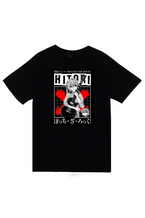 Bocchi the Rock Hitori Anime Baskılı Unisex %100 Pamuk Tişört – Siyah