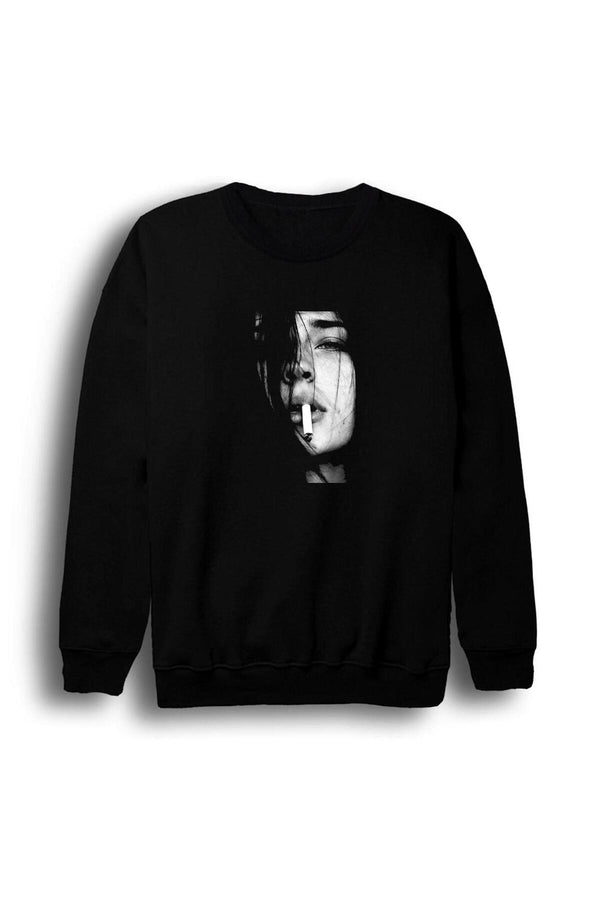 Kadın Siyah beyaz yarım yüz baskılı siyah sweatshirt