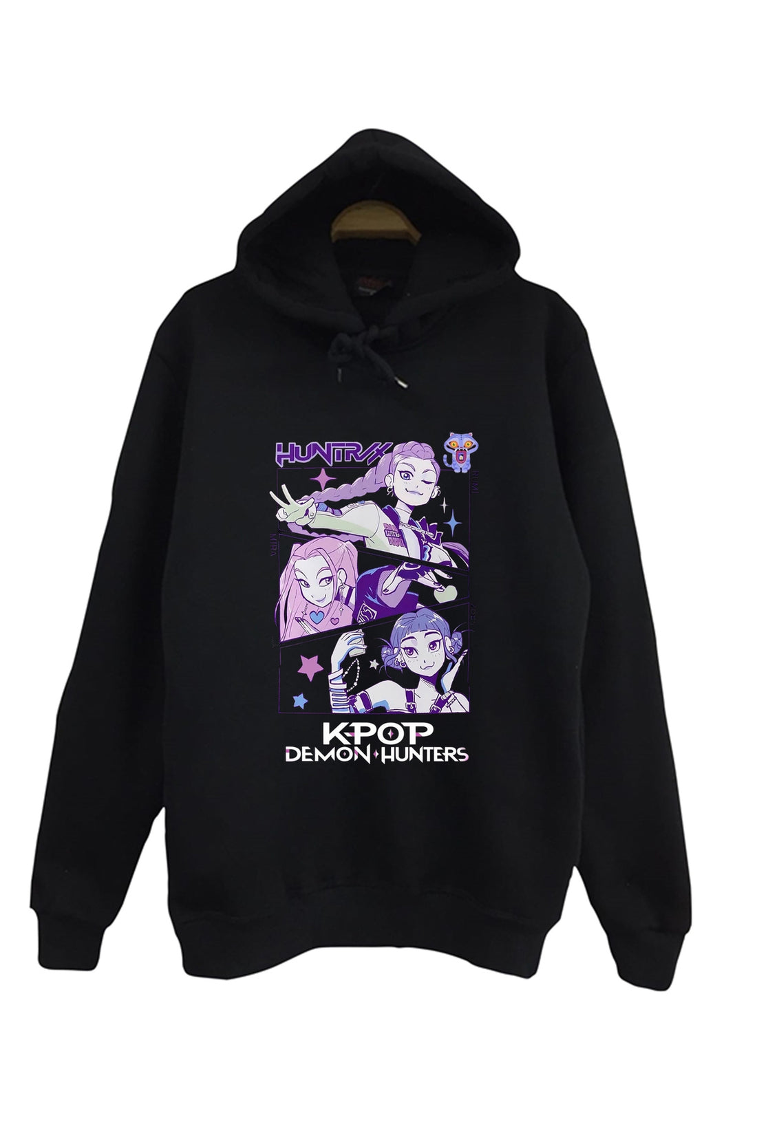 K-Pop Demon Hunters baskılı siyah kapüşonlu sweatshirt