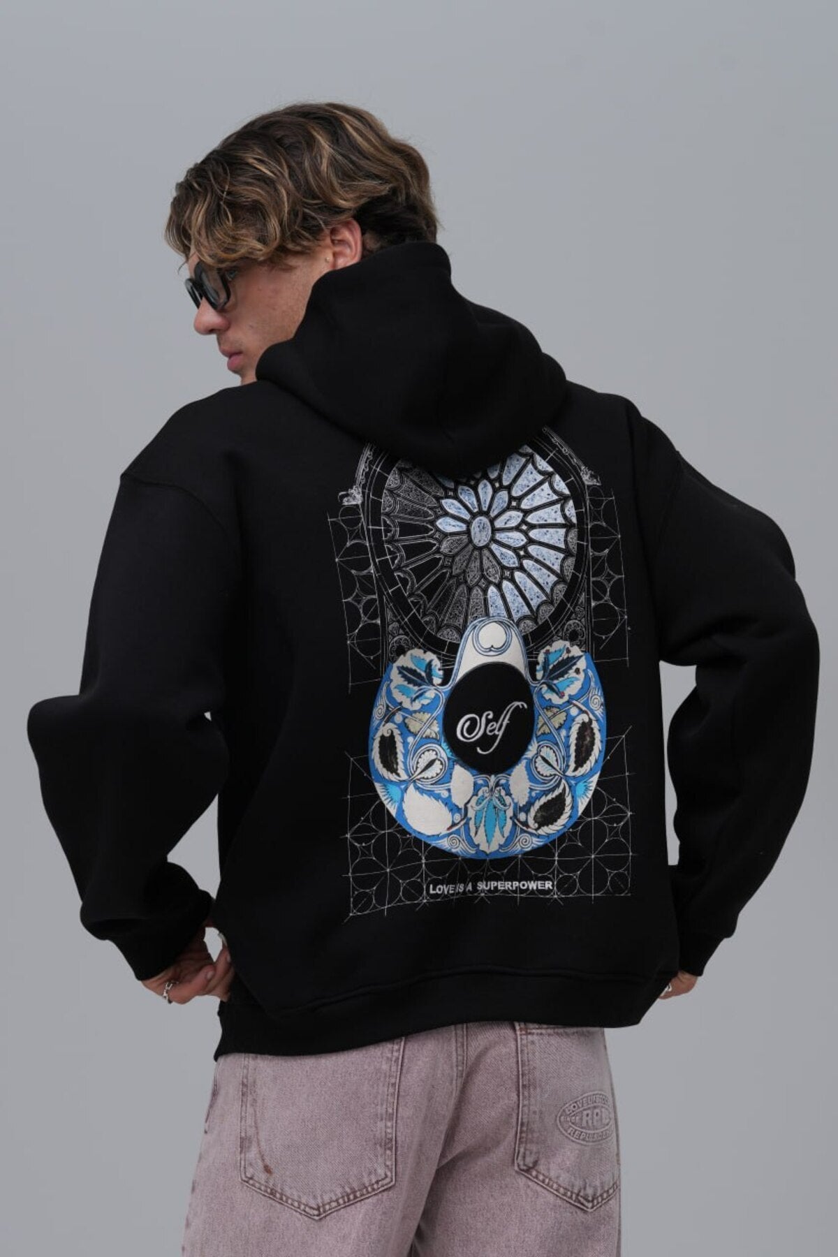 Self (Kendine İyi Davran) Baskılı, Nakışlı Unisex %100 Pamuk Kapüşonlu Siyah Sweatshirt