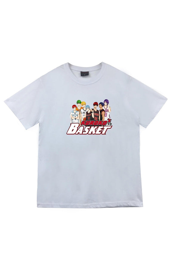 Kuroko No Basket Anime Karakter grubu ve logo baskılı beyaz tişört