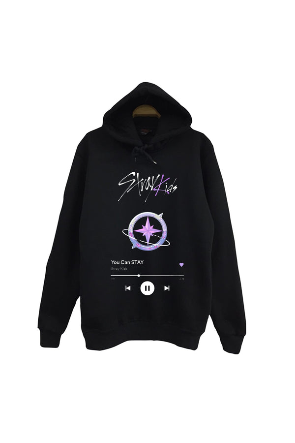 Stray Kids baskılı siyah kapüşonlu sweatshirt
