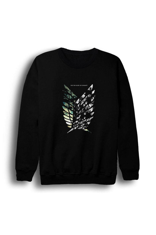 Erkek Bisiklet Yaka Sweatshirt Attack On Titan Anime Keşif Birliği kanat amblemi baskılı siyah sweatshirt