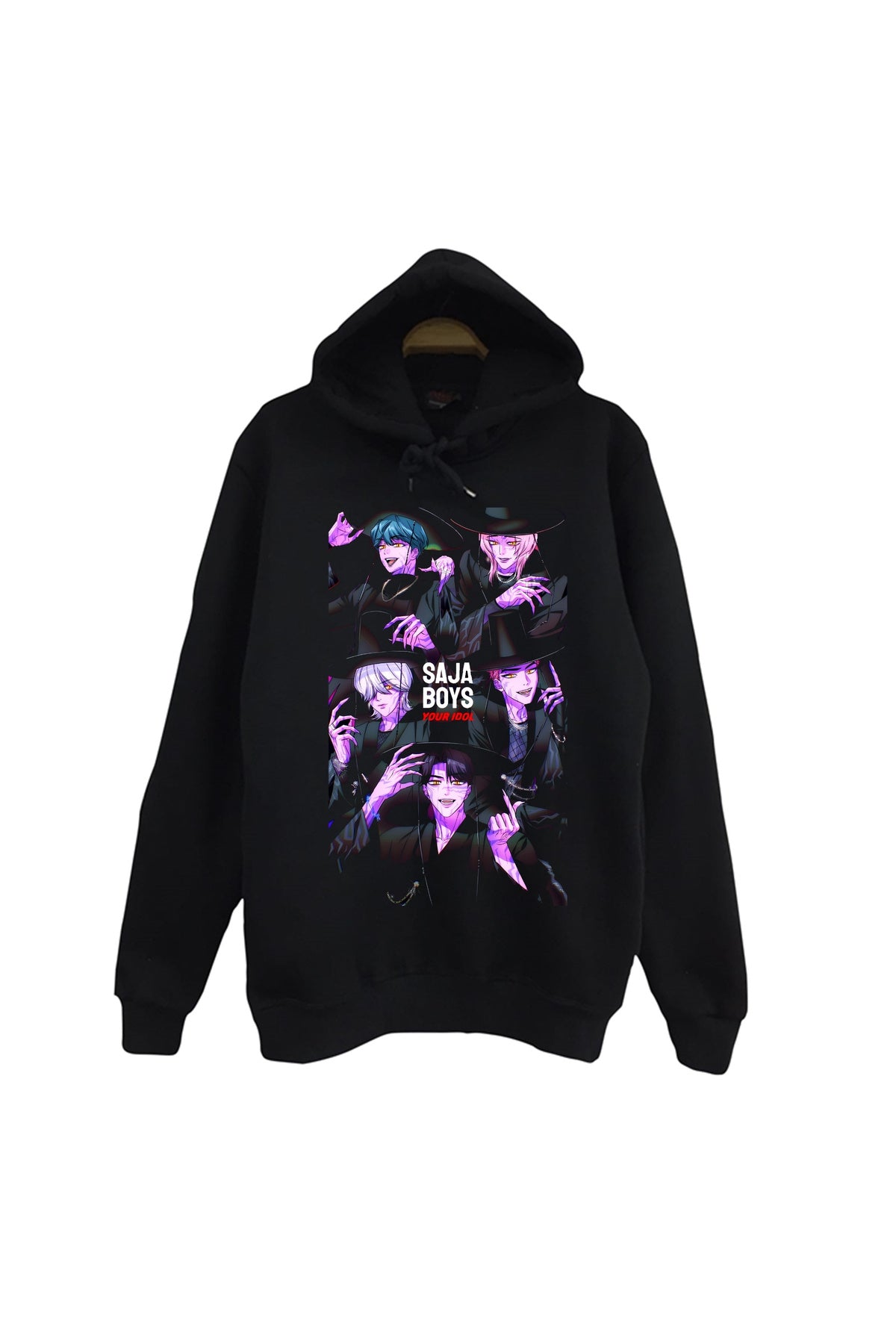 K-Pop Demon Hunters – Saja Boys Baskılı Unisex %100 Pamuk Siyah Kapüşonlu Sweatshirt