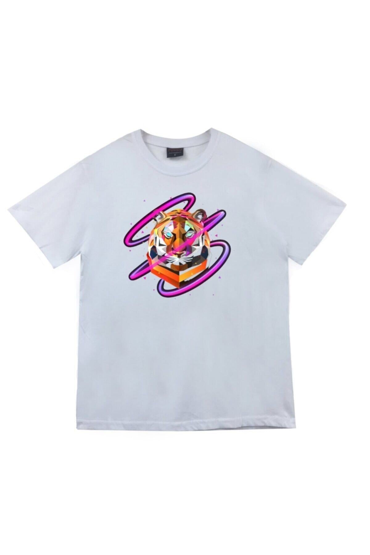 Kaplan Baskılı Unisex %100 Pamuk Beyaz T-shirt