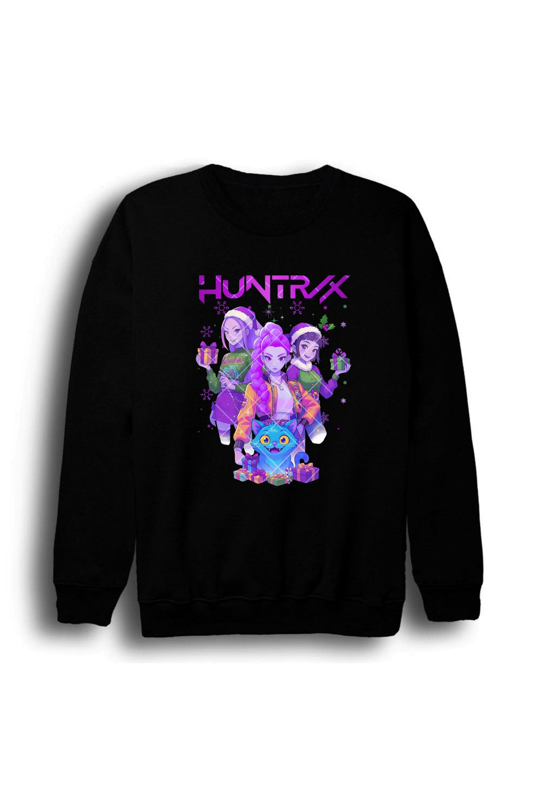 K-Pop Demon Hunters - Huntrix - Yılbaşı Baskılı Unisex %100 Pamuk Sweatshirt – Siyah