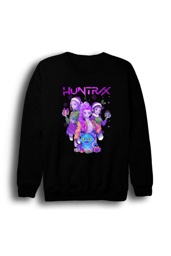 K-Pop Demon Hunters - Huntrix - Yılbaşı Baskılı Unisex %100 Pamuk Sweatshirt – Siyah