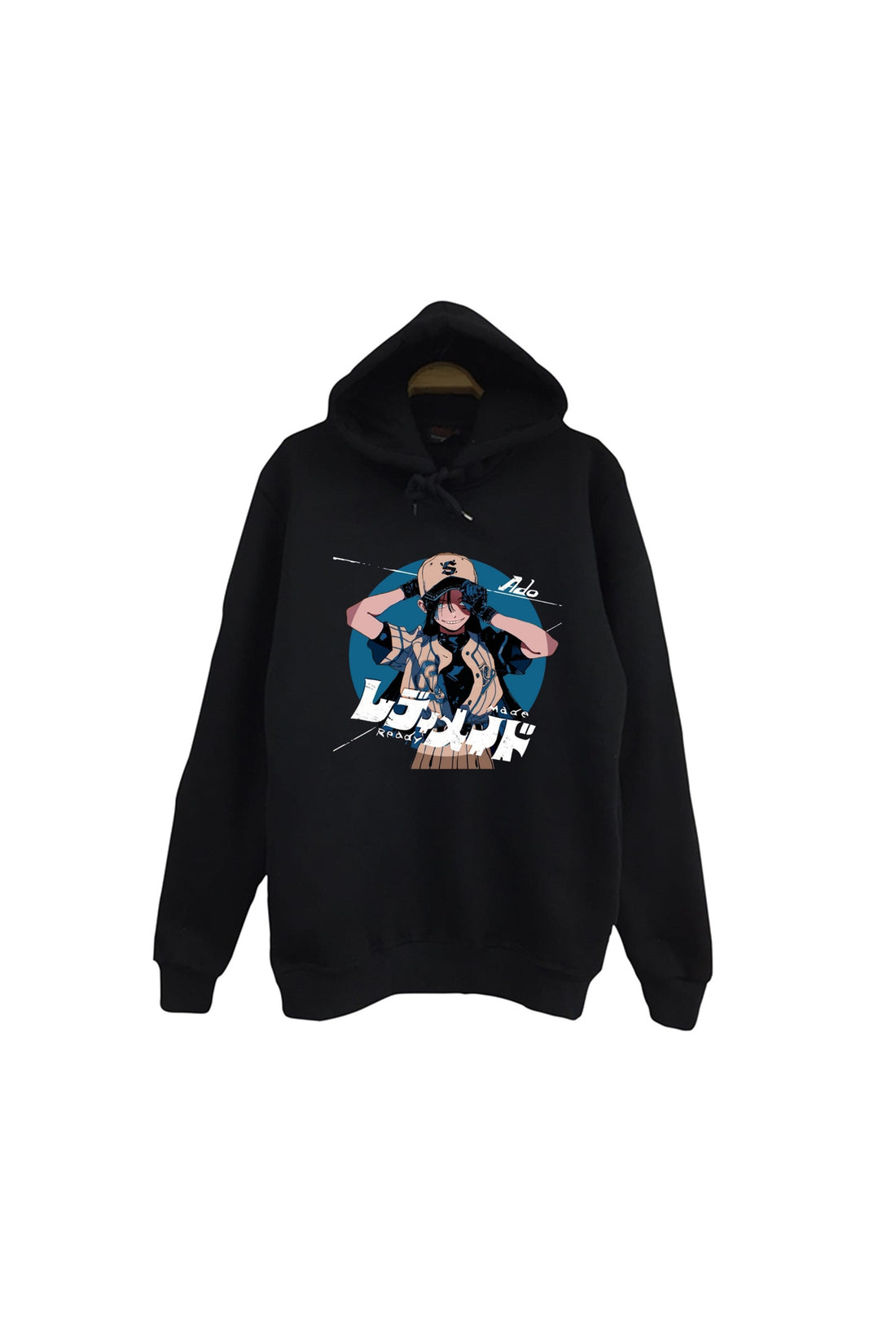 Ado Japon - K-Pop K-Pop - Şapkalı anime kız karakteri baskılı siyah kapüşonlu sweatshirt
