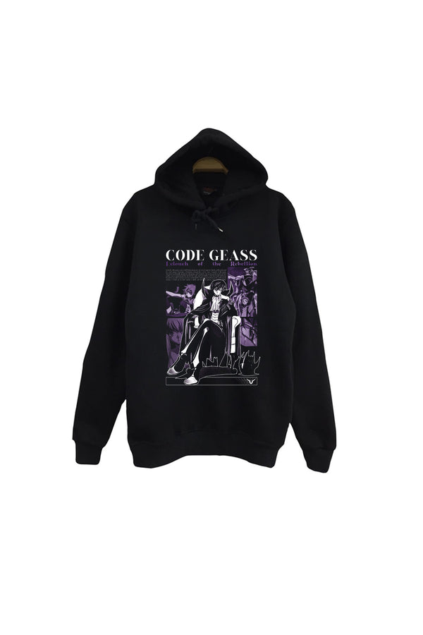 Lelouch Lamperouge Mor tonlu karakter poster baskılı siyah kapüşonlu sweatshirt