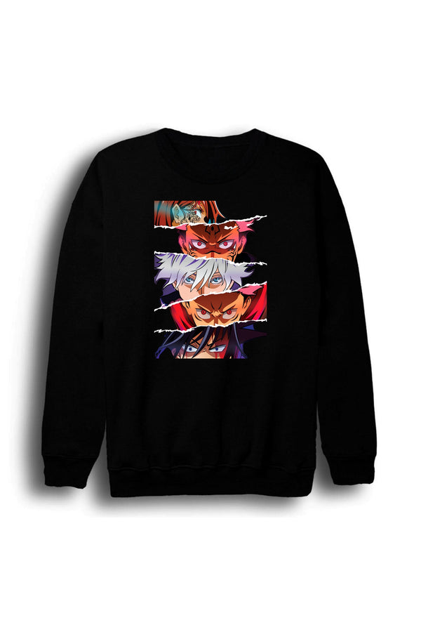 Jujutsu Kaisen Anime Glitch efektli üç baskılı siyah sweatshirt