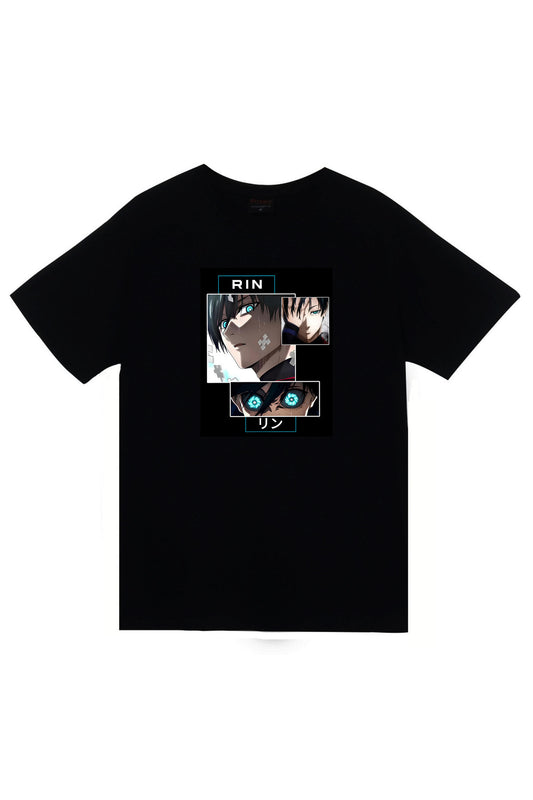 Blue Lock, Rin İtoshi Anime Baskılı Unisex %100 Pamuk Siyah T-shirt