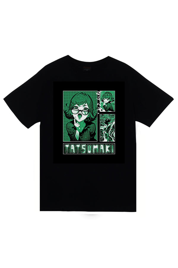 One Punch Man Tatsumaki Anime Baskılı Unisex %100 Pamuk Tişört – Siyah