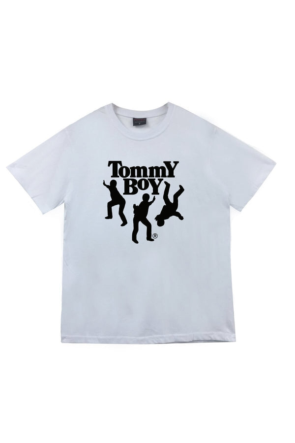 Unisex Beyaz Tommy Boy Records dans eden siluetli baskılı beyaz tişört