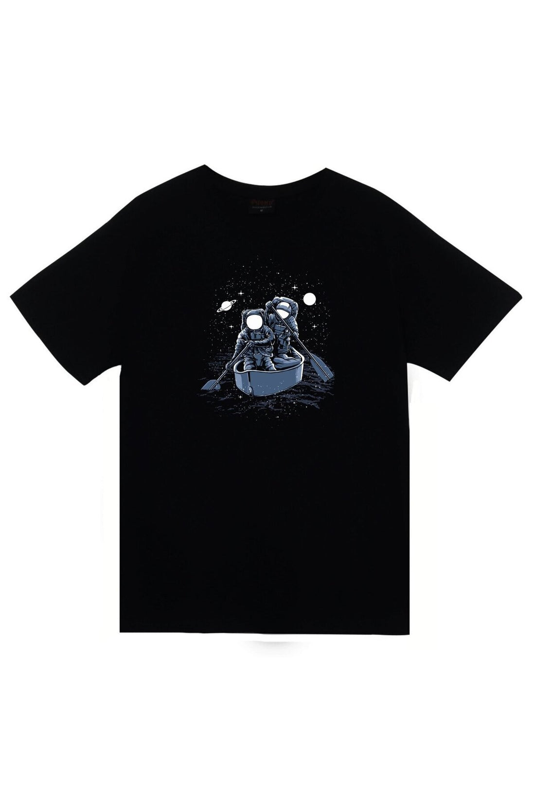 Gemi Galaksi Astronot Baskılı Unisex %100 Pamuk Tişört – Siyah