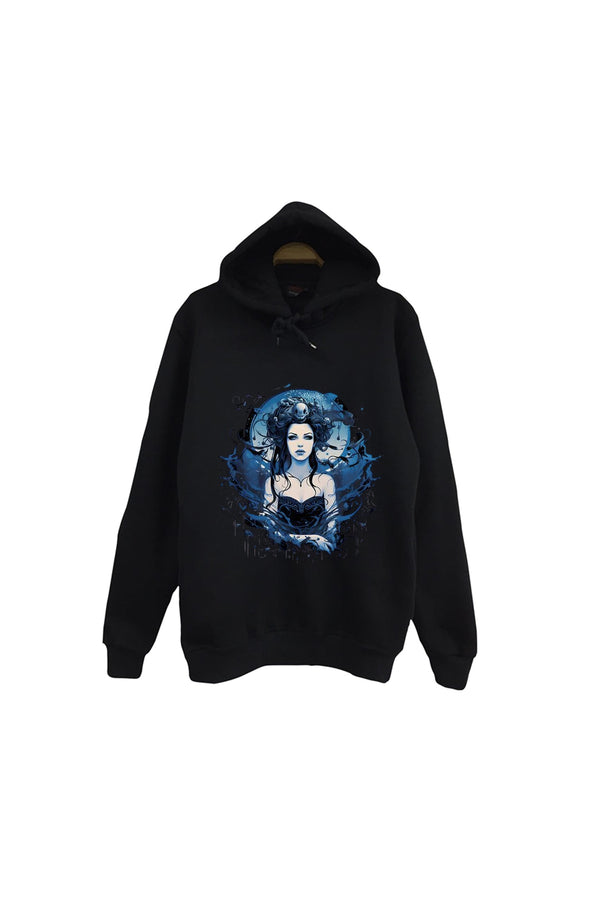 Evanescence - Müzik Grubu Mavi ay ışığı temalı baskılı siyah kapüşonlu sweatshirt