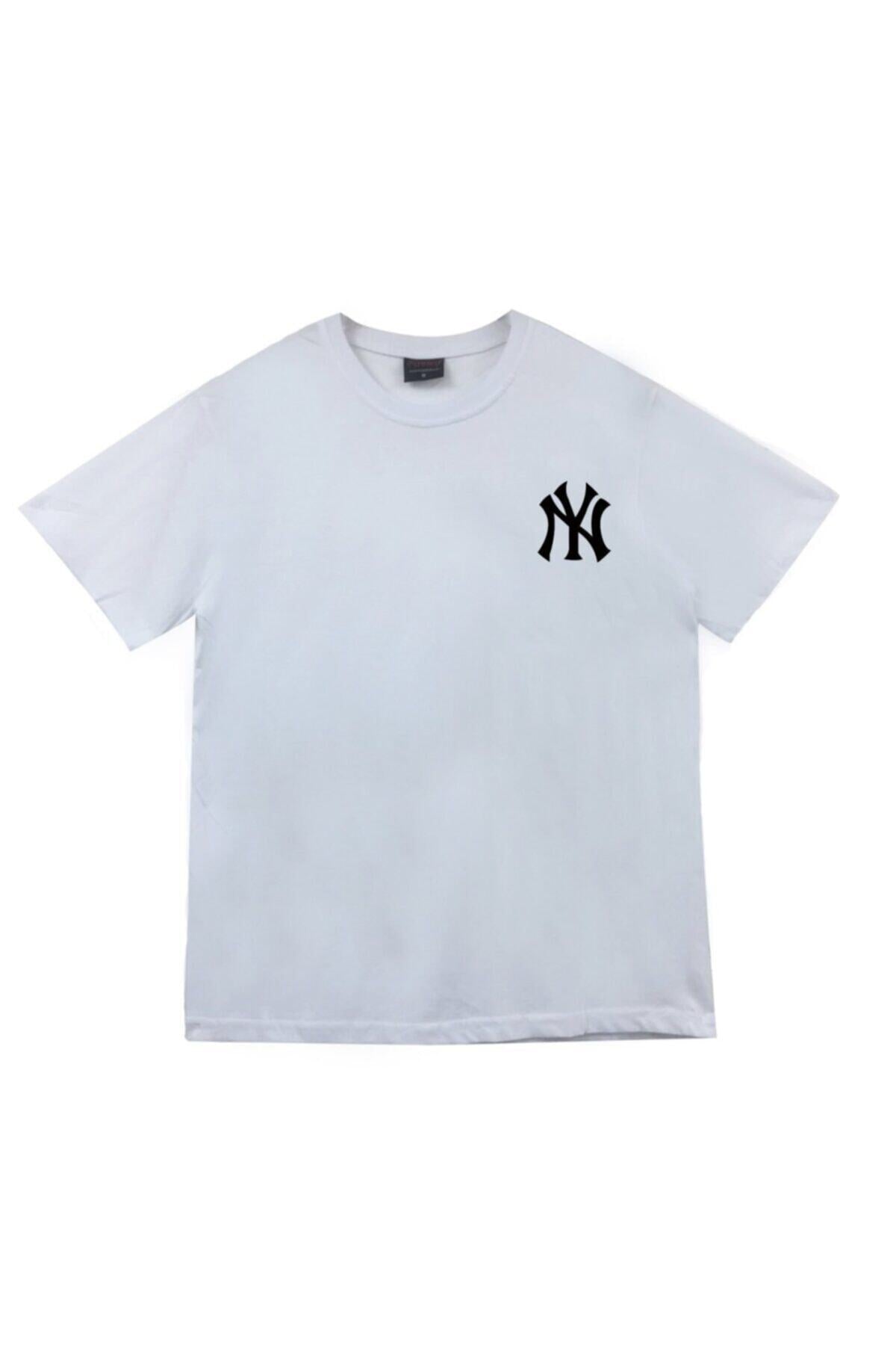 New York Ny Sol Logo Baskılı Unisex %100 Pamuk Beyaz T-shirt