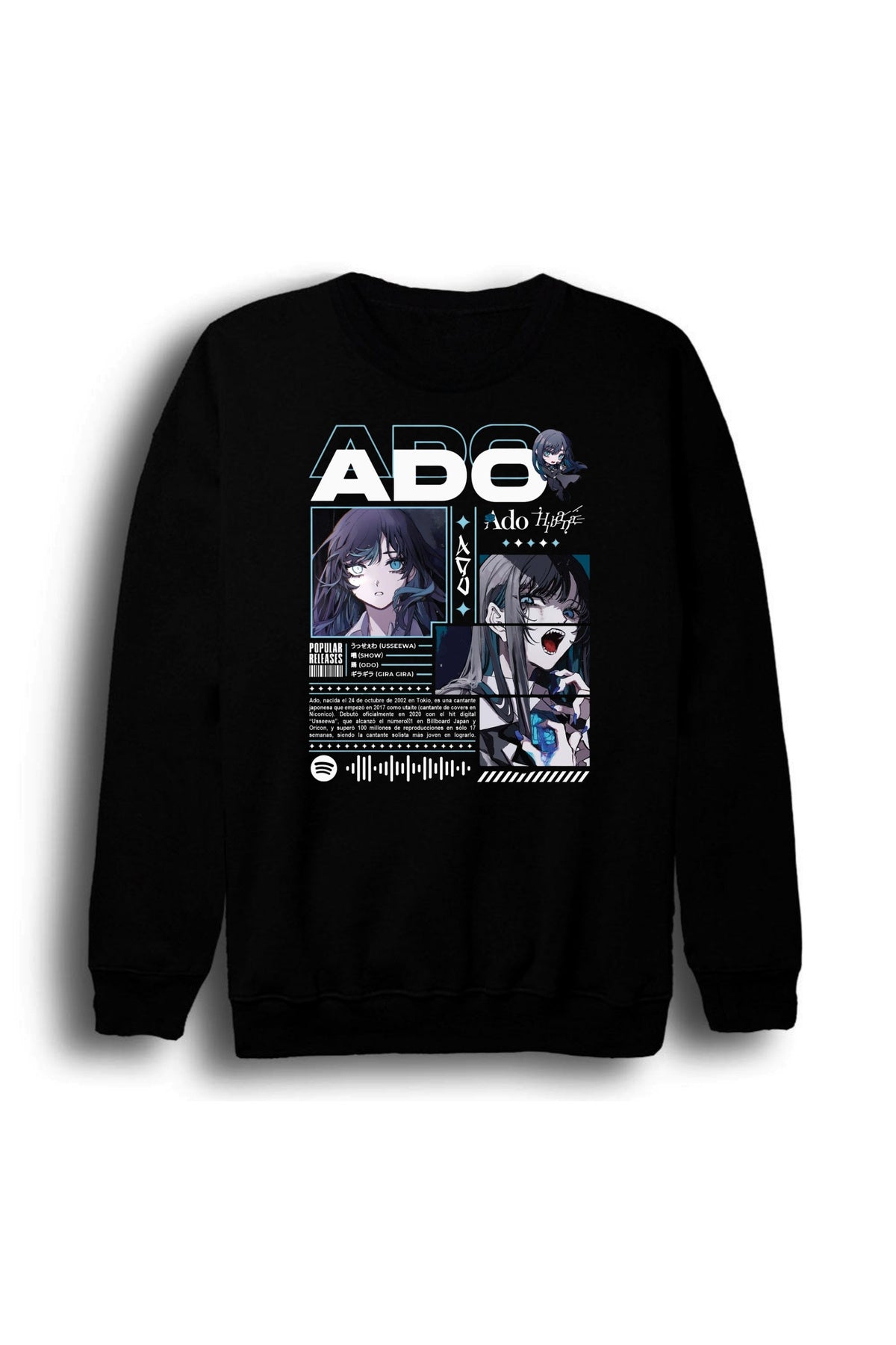 Ado Japon - K-Pop - Rock - Müzik Baskılı Unisex %100 Pamuk Bisiklet Yaka Siyah Sweatshirt