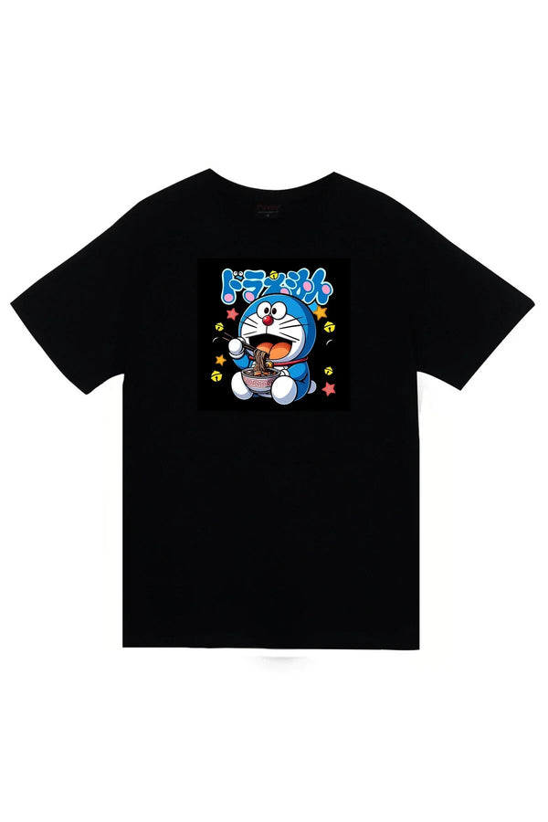 Doreamon Anime Dorayaki yerken çizim baskılı siyah tişört