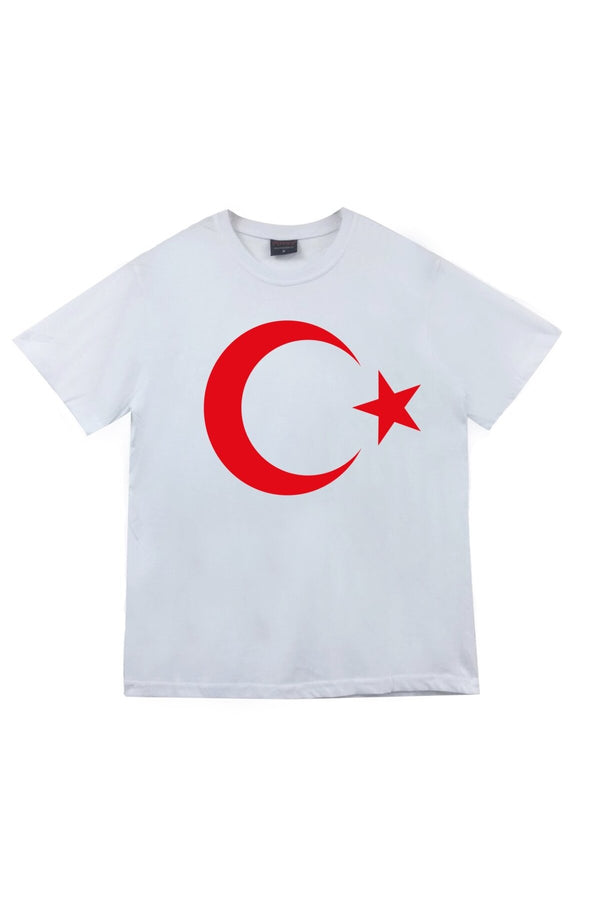 Unisex Beyaz Ay Yıldız baskılı beyaz tişört