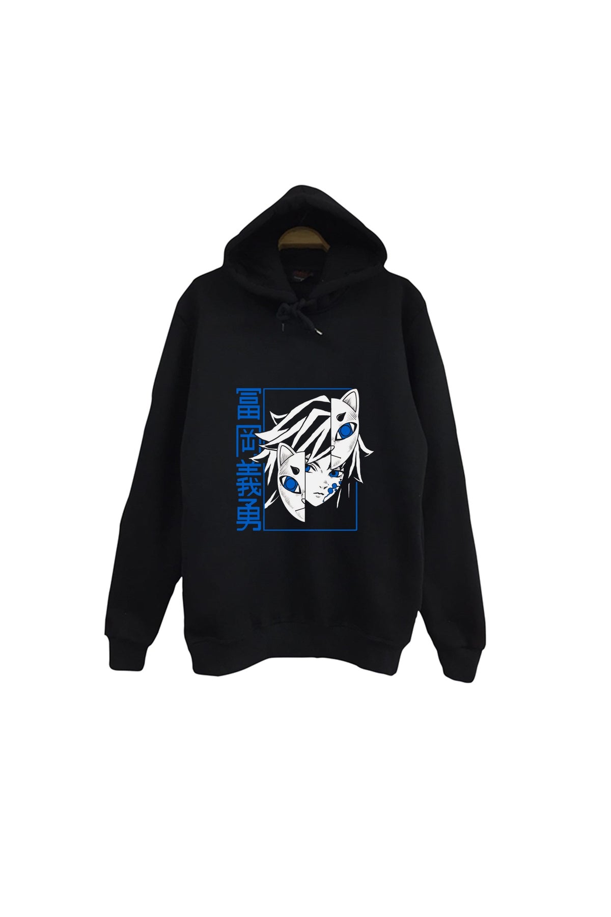 Demon Slayer Anime Baskılı Unisex %100 Pamuk Kapüşonlu Siyah Sweatshirt