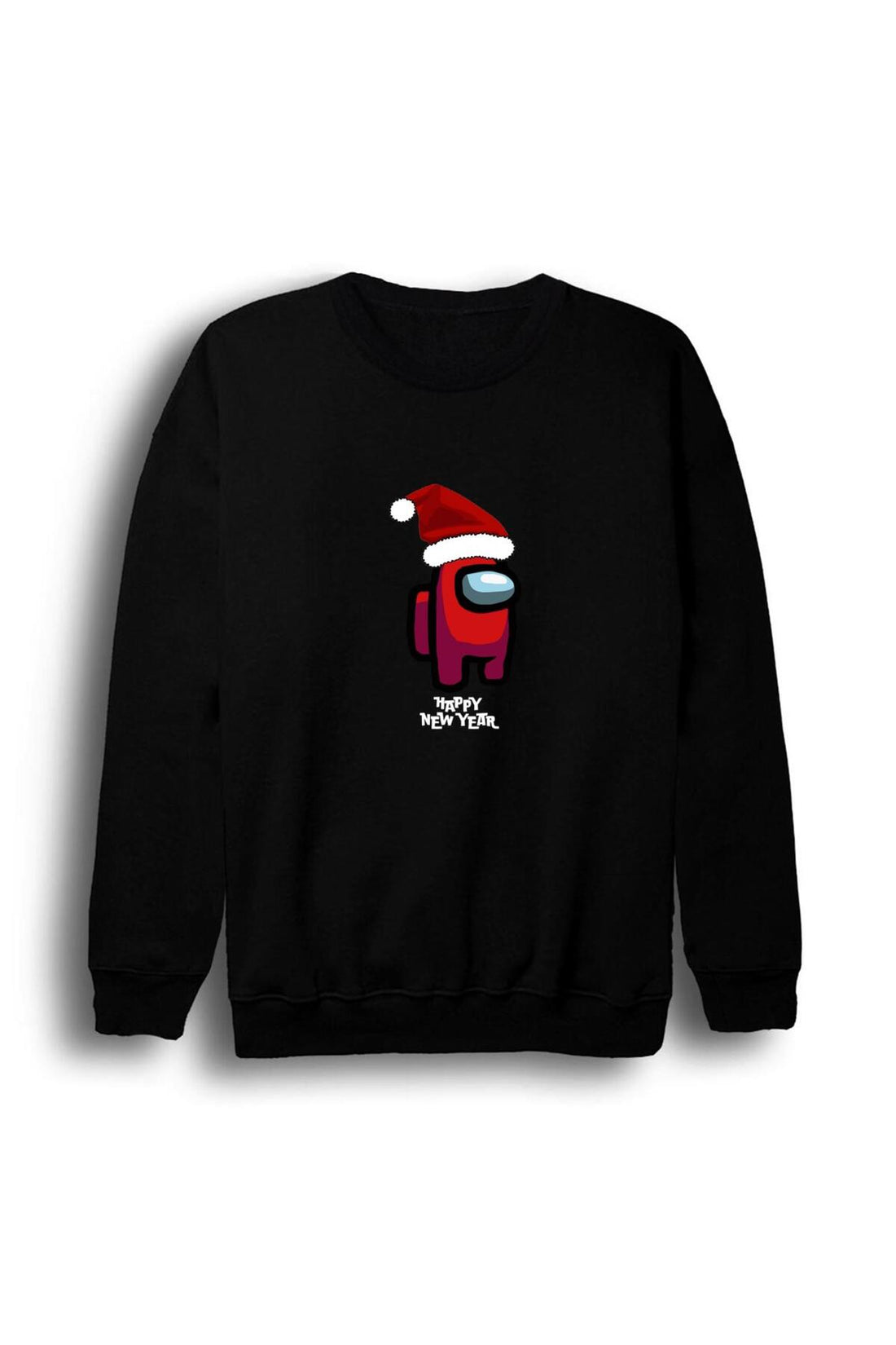 Among Us Yeni Yıl Noel Baba Happy New Year şapkalı baskılı siyah sweatshirt