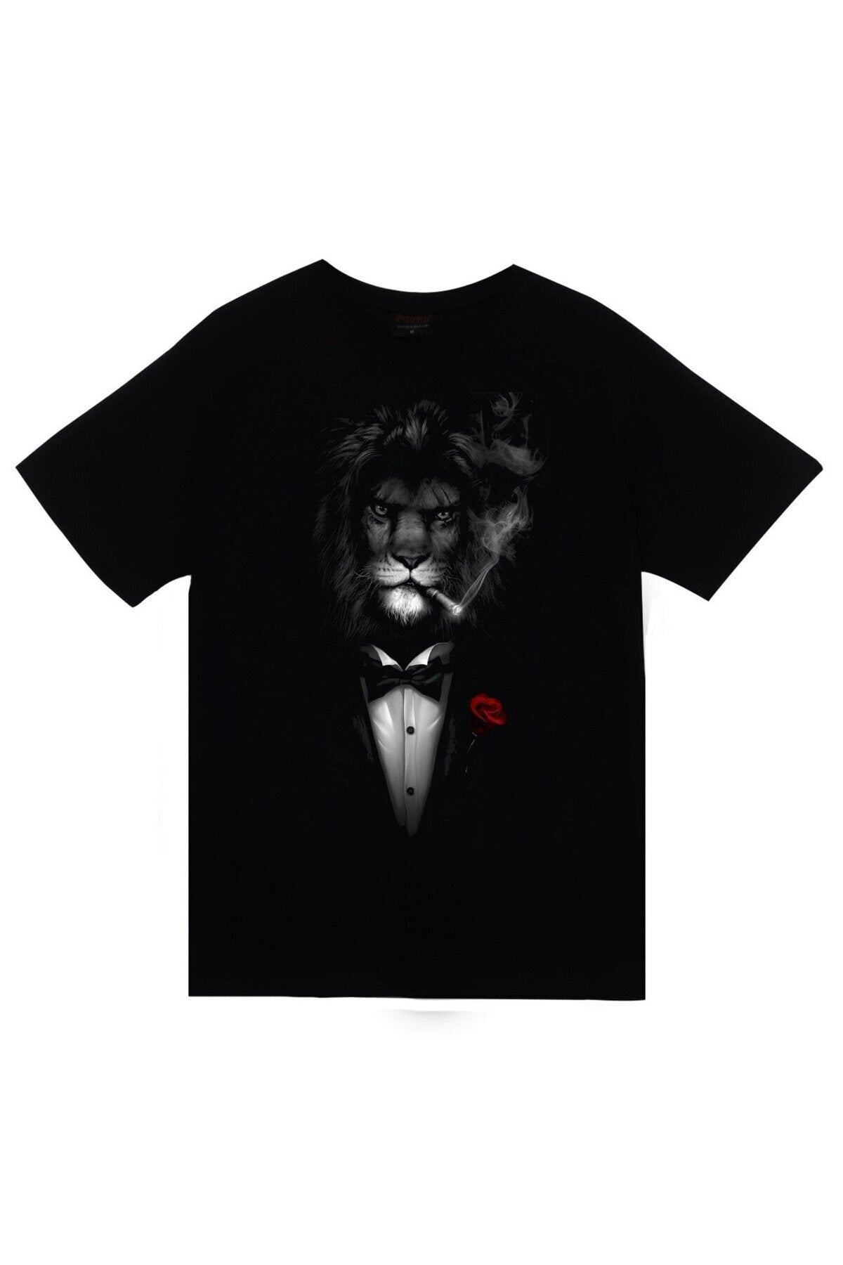 Unisex Siyah Aslan Smokin Baskılı T-shirt