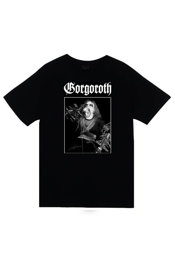 Gorgoroth Müzik Grubu Logosu ve siyah-beyaz sahne baskılı siyah tişört