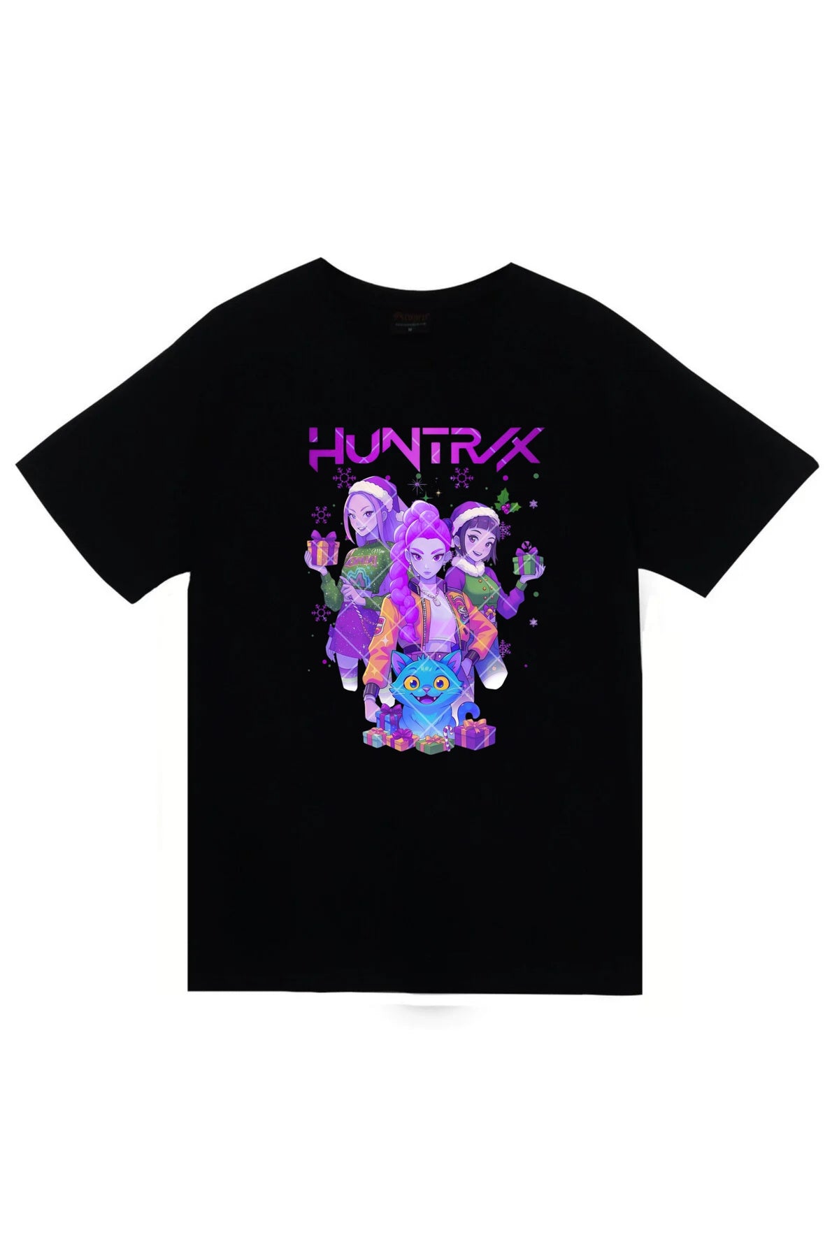 K-Pop Demon Hunters - Huntrix - Yılbaşı Baskılı Unisex %100 Pamuk Siyah T-shirt