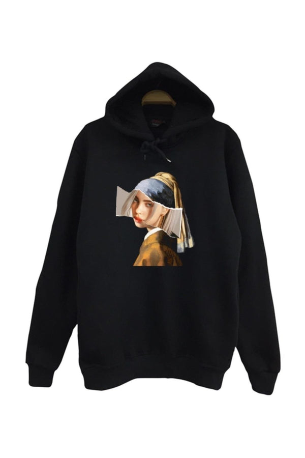 Billie Eilish - Inci Küpeli Baskılı Unisex %100 Pamuk Kapüşonlu Sweatshirt – Siyah