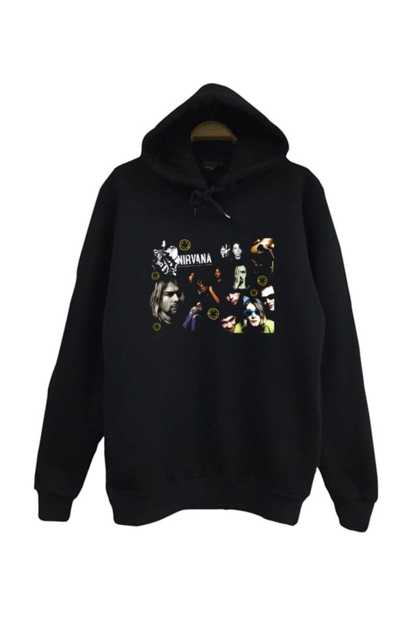 Nirvana-kurt Cobain Fotoğrafı kolajı baskılı siyah kapüşonlu sweatshirt
