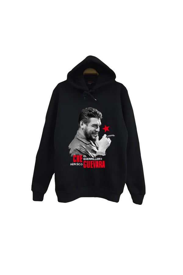 Che Guevera Guevara portresi baskılı siyah kapüşonlu sweatshirt