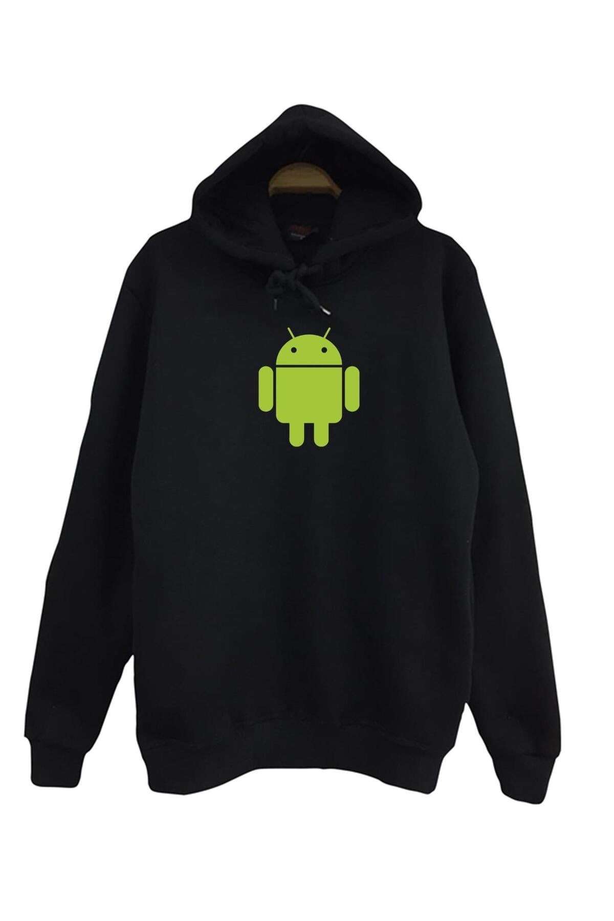 Unisex Siyah Android Robot Baskılı Kapüşonlu Sweatshirt