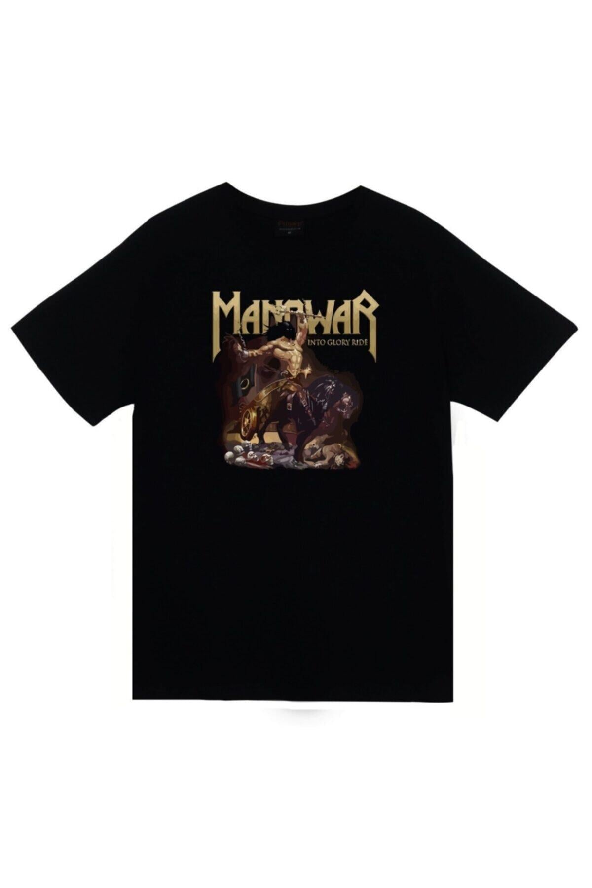 Unisex Siyah Manowar Baskılı Kısa Kollu T-shirt
