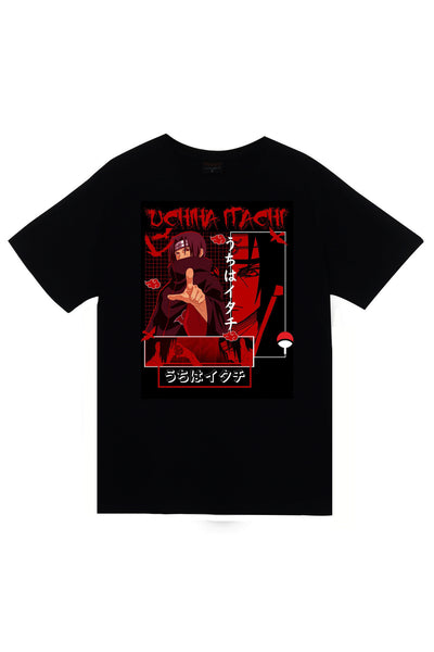 Naruto Itachi Uchiha Anime - kırmızı ızgara Baskılı Unisex %100 Pamuk Siyah T-shirt
