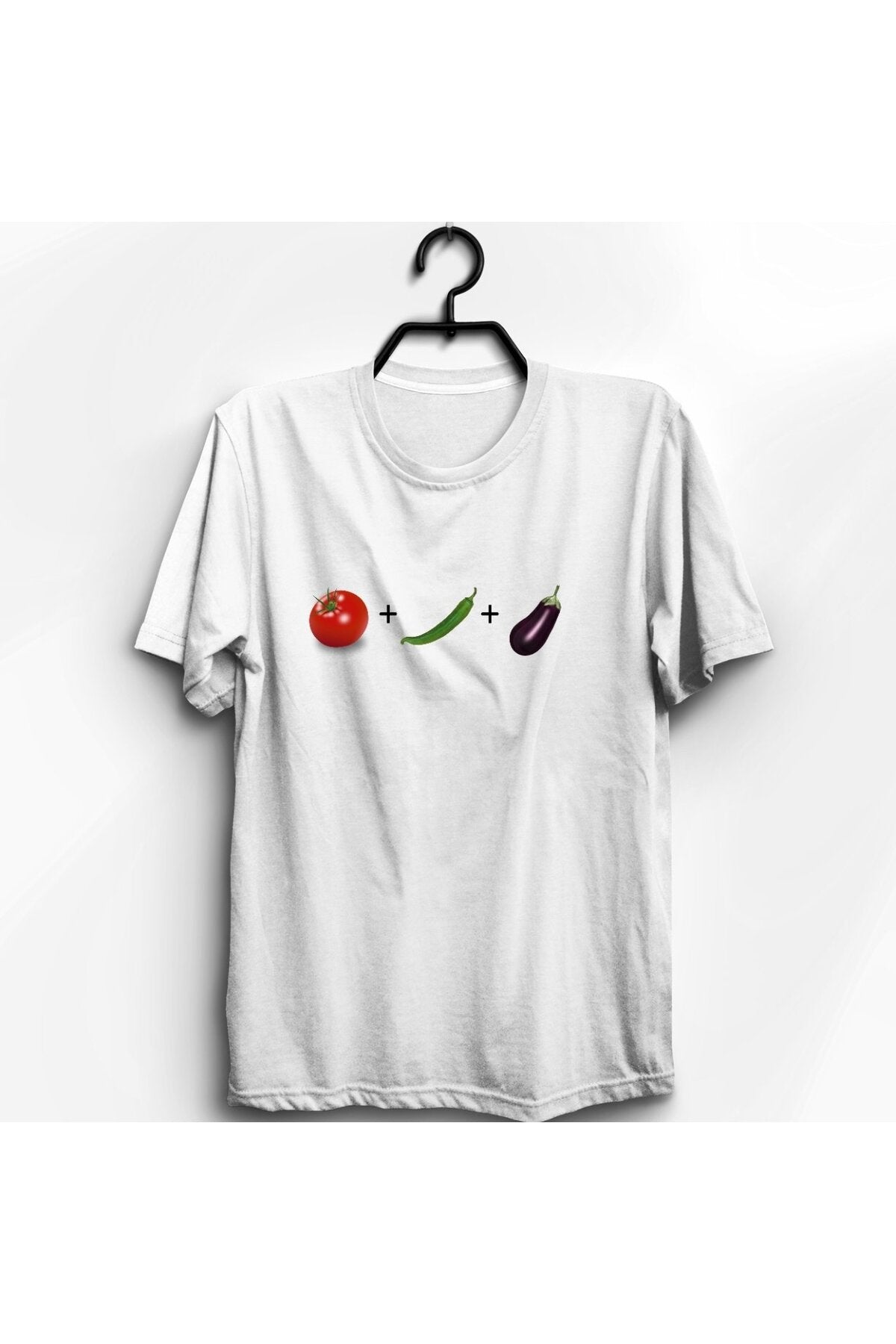 Domates Biber Patlıcan Baskılı Unisex %100 Pamuk Beyaz T-shirt